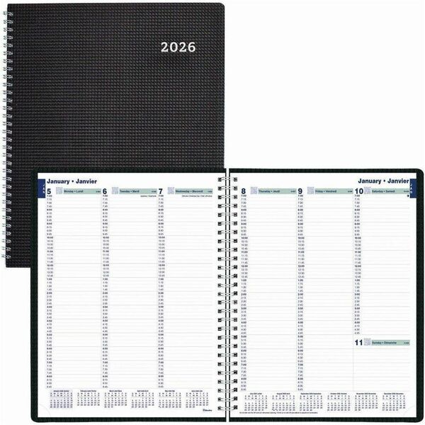 Blueline DuraFlex Weekly Planner. 11" x 9-1/16" , Bilingual, Black - Julian Dates - Weekly - 12 Month - January 2026 to December 2026 - 7:00 AM to 8:45 PM - Quarter-hourly - Monday - Friday, 7:00 AM to 4:45 PM - Quarter-hourly - Saturday, Sunday - 1 Week