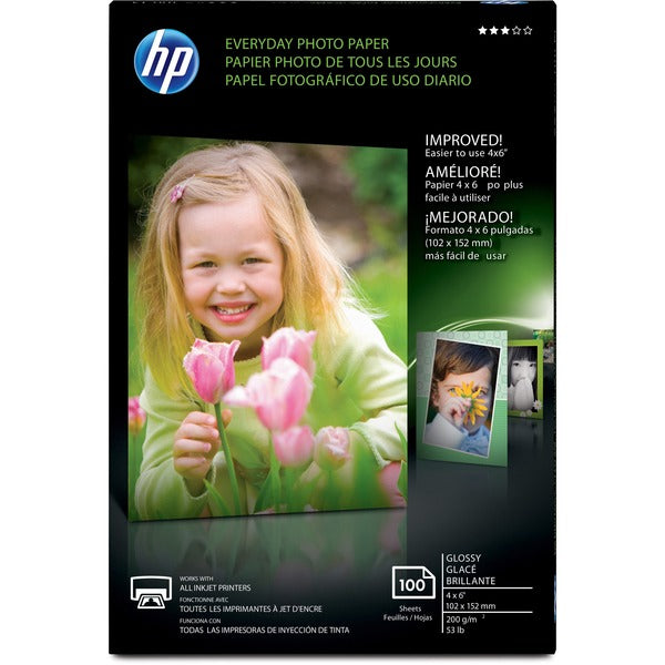 HP Everyday Photo 4x6 Glossy Paper - 4" (101.60 mm) x 6" (152.40 mm) - 53 lb (24040.40 g) Basis Weight - Glossy - Design for the Environment (DfE) - Quick Drying - White - 100 / Pack