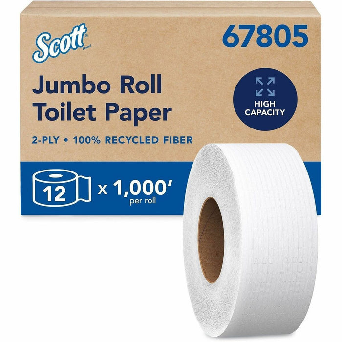 Scott JRT Bathroom Tissue - 2 Ply - 3.55" (90.17 mm) Width x 1000 ft (304.80 m) Length - White - Fiber - 12 / Carton