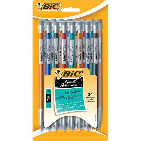 BIC Extra-Precision Mechanical Pencil, HB Lead, Metallic Barrel, Fine Point (0.5mm), Black, 24-Count - 0.5 mm (0.02") Black Lead - HB/#2 - Assorted Barrel - 24 / Pack