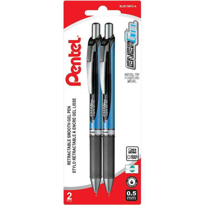Pentel EnerGel Rollerball Pen - Refillable - Retractable - Black Ink - Gel-based, Liquid Gel Ink - Stainless Steel Barrel - Writing - 2 / Pack