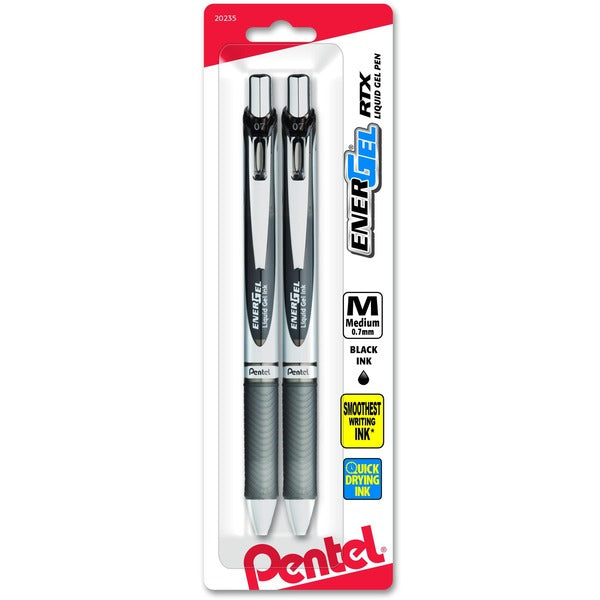 EnerGel RTX Retractable Liquid Gel Pen, (0.7mm) Metal Tip, Medium Line, Blue Ink 2-Pk - 0.7 mm (0.03") Medium Pen Point - Retractable - Black Ink - Metal, Stainless Steel Tip - 2 / Pack