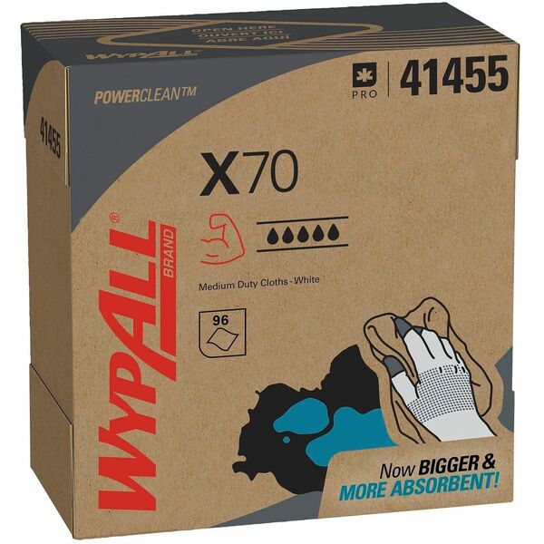 Wypall PowerClean X70 Medium Duty Cloths - Pop-Up Box - 8.34" (211.84 mm) Width x 16.80" (426.72 mm) Length - White - Hydroknit/ - 96 / Box