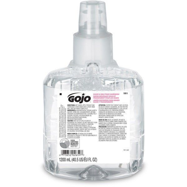 Gojo&reg; LTX-12 Clear Mild Foam Handwash Refill - 1.20 L - Hand, Skin - Moisturizing - Clear - Fragrance-free, Dye-free, Bio-based, Rich Lather, Eco-friendly - 1 Each
