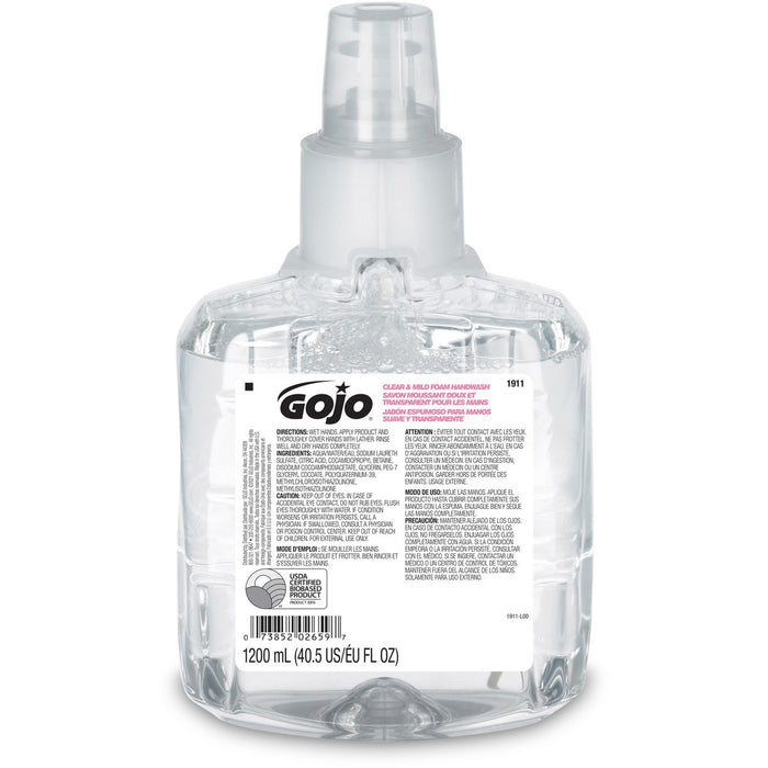 Gojo&reg; LTX-12 Clear Mild Foam Handwash Refill - 1.20 L - Hand, Skin - Moisturizing - Clear - Fragrance-free, Dye-free, Bio-based, Rich Lather, Eco-friendly - 1 Each