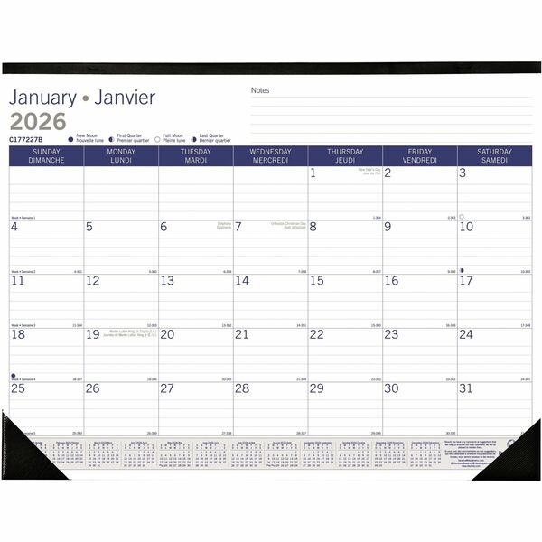 Blueline DuraGlobe Monthly Desk Pad Calendar, 22" x 17" , Bilingual - Monthly - 12 Month - January 2026 to December 2026 - 1 Month Single Page Layout - 17" (431.80 mm) x 22" (558.80 mm) Sheet Size - Desk Pad - Chipboard, Bamboo Fiber, Cardboard - 1 Each