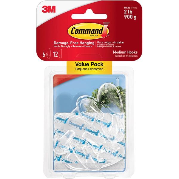 Command 2 lb. Strips Medium Hanging Hooks - 6 Medium Hook - 2 lb (907.18 g) Capacity - 2.38" (60.33 mm) Height x 1" (25.40 mm) Width x 2.38" (60.33 mm) Length - for Pictures, Mirror - Plastic - Clear - 6 / Pack