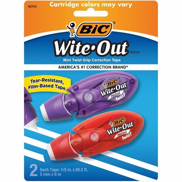 BIC Wite-Out Mini Twist Correction Tape, White, Tear-resistant And Film-Based Tape, 2-Count Pack - 0.20" (5 mm) Tape Width x 25.9 ft (7.90 m) Tape Length - White Tape - Mini Dispenser - Tear Resistant, Odorless, Mess-free, Compact, Film-based, Self-windin