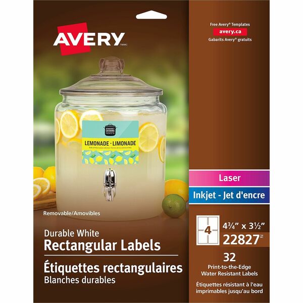 Avery&reg; Durable White Rectangle Film Labels 4-3/4" x 3-1/2" , Removable Adhesive, for Laser and Inkjet Printers - 3 1/2" (88.90 mm) Width x 4 3/4" (120.65 mm) Length - Removable Adhesive - Rectangle - Inkjet, Laser - Matte White - Matte - Film - Water