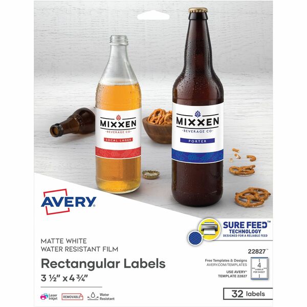 Avery&reg; Durable White Rectangle Film Labels 4-3/4" x 3-1/2" , Removable Adhesive, for Laser and Inkjet Printers - 3 1/2" (88.90 mm) Width x 4 3/4" (120.65 mm) Length - Removable Adhesive - Rectangle - Laser, Inkjet - White - Film - 4 / Sheet - 8 Total