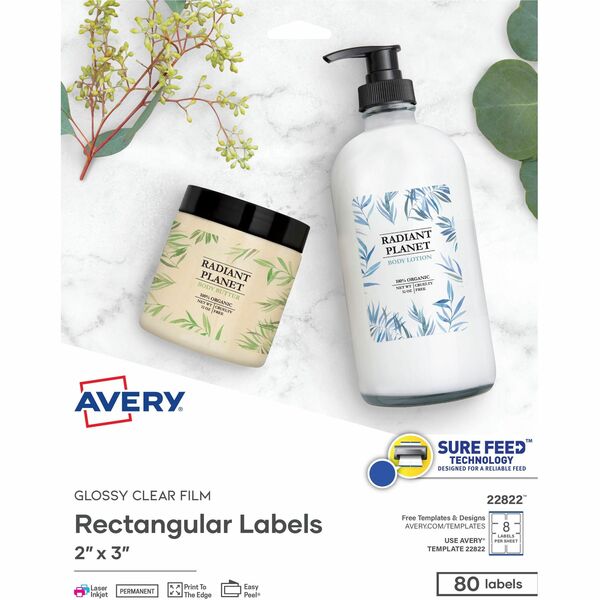 Avery&reg; Glossy Clear Rectangle Labels 2" x 3" , Permanent Adhesive, for Laser and Inkjet Printers - 2" Width x 3" Length - Permanent Adhesive - Rectangle - Laser, Inkjet - Crystal Clear - Film - 8 / Sheet - 10 Total Sheets - 80 Total Label(s) - 80 / Pa