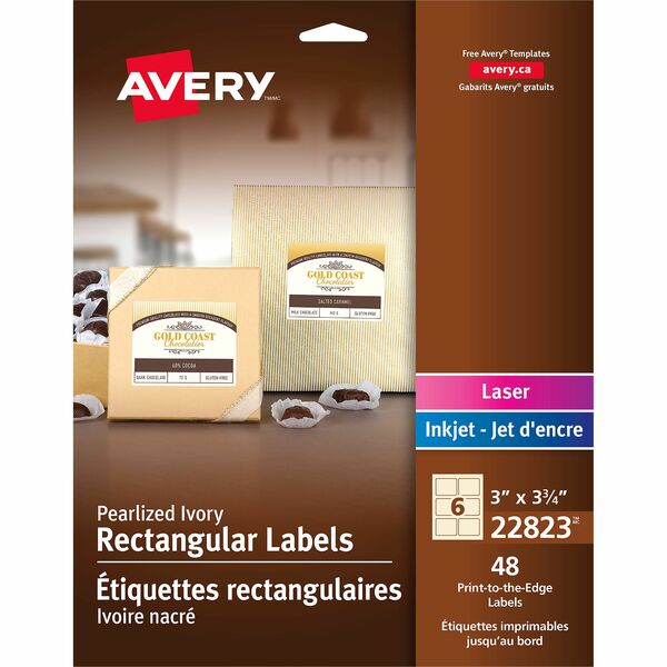 Avery&reg; Rectangle Labels, Print to the Edge, Pearlized Ivory, 3" x 3-3/4" , 48 Labels (22823) - 3" (76.20 mm) Width x 3 3/4" (95.25 mm) Length - Permanent Adhesive - Rectangle - Inkjet, Laser - Pearlized Ivory - Ivory - Paper - 6 / Sheet - 6 Total Shee