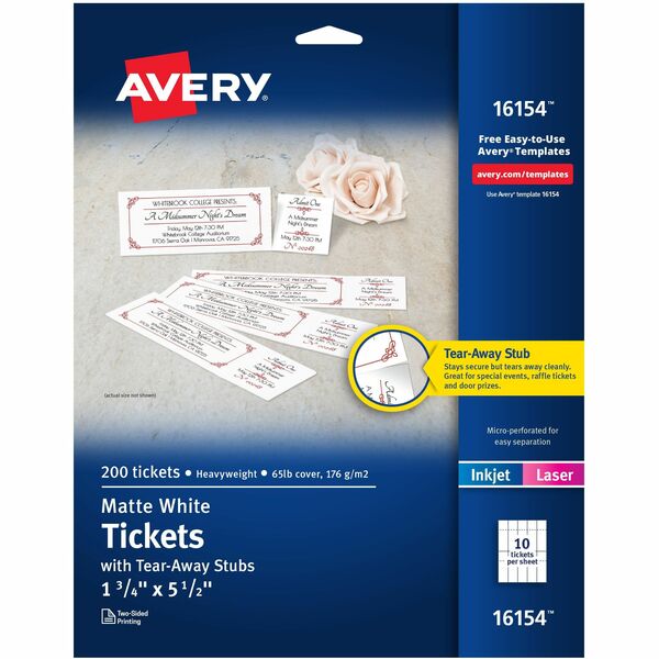 Avery&reg; Event Tickets with Tear-Away Stubsfor Laser and Inkjet Printers, 1-3/4" x 5-1/2" - 1 3/4" (44.45 mm) Width x 5 1/2" (139.70 mm) Length - Laser, Inkjet - Matte - Matte White - 20 / Sheet - Recyclable, Biodegradable, Durable, Customizable - 200 /