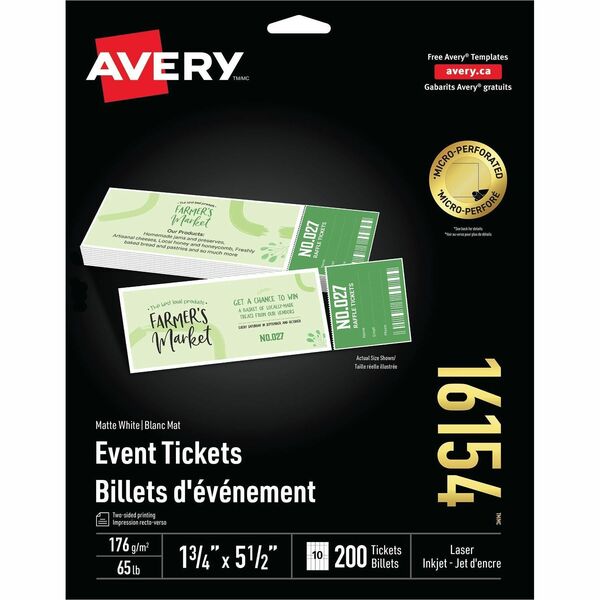 Avery&reg; Event Tickets with Tear-Away Stubsfor Laser and Inkjet Printers, 1-3/4" x 5-1/2" - 1 3/4" (44.45 mm) Width x 5 1/2" (139.70 mm) Length - Laser, Inkjet - Matte - Matte White - 20 / Sheet - 200 / Pack