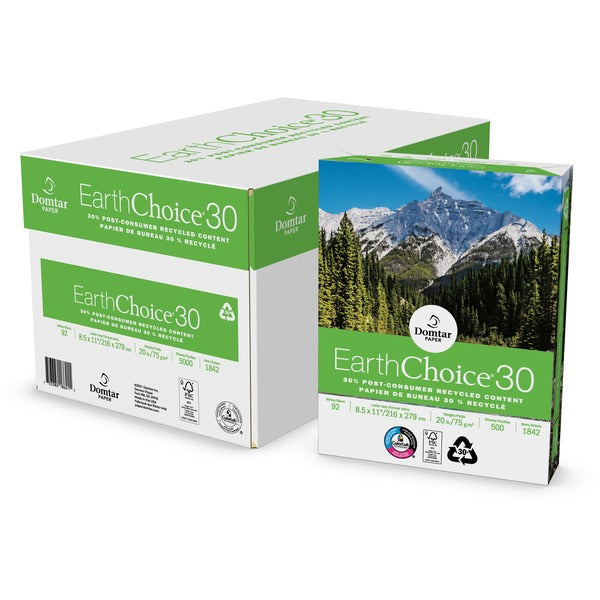 EarthChoice 30 Recycled Office Paper - White - 92 Brightness - 88% Opacity - Letter - 8 1/2" x 11" - 20 lb Basis Weight - 5000 / Carton - ColorLok Technology, Chlorine-free, Acid-free, Jam-free - White