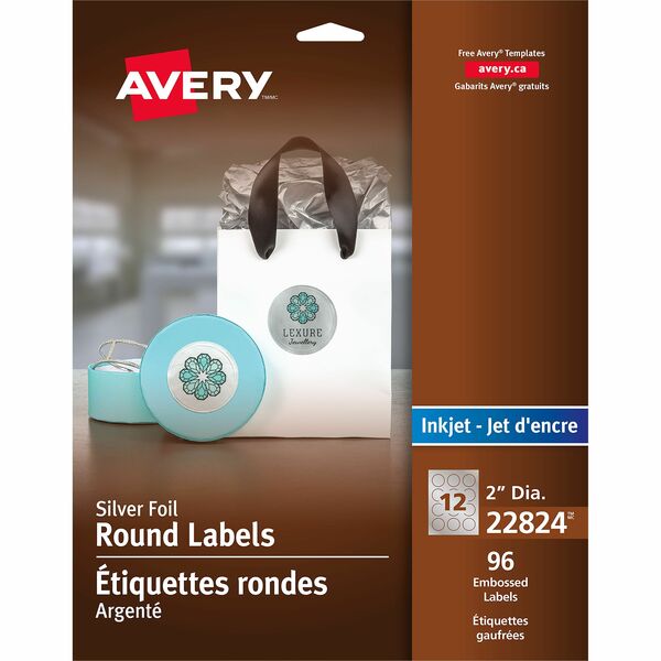 Avery&reg; Silver Foil Round Labels 2" Diameter, Permanent Adhesive, for Inkjet Printers - x 2" (50.80 mm) Diameter - Permanent Adhesive - Round - Inkjet - Matte Silver - Matte - Paper - 12 / Sheet - 12 Total Sheets - 96 Total Label(s) - 8 / Pack