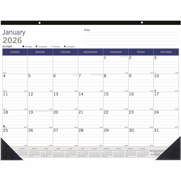 Blueline DuraGlobe Monthly Desk Pad Calendar, 22" x 17" , English - Julian Dates - Monthly - 12 Month - January 2026 to December 2026 - 1 Month Single Page Layout - 17" (431.80 mm) x 22" (558.80 mm) Sheet Size - Desk Pad - Chipboard, Cardboard, Bamboo Fib