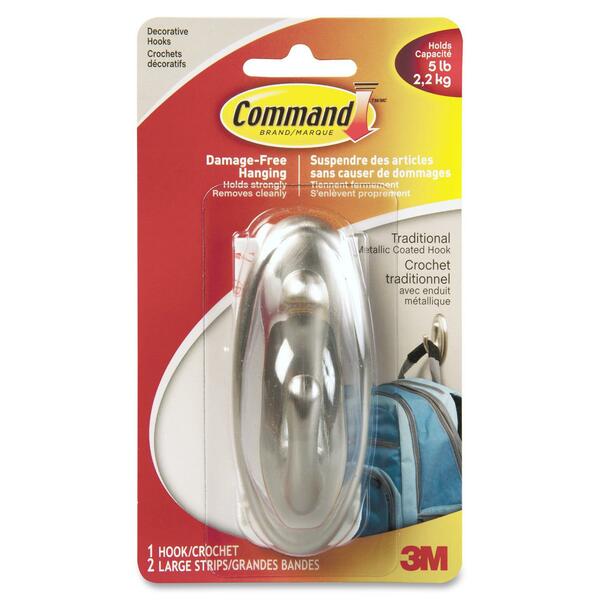 Command Traditional Hook, 17053BN-C - 1 Large Hook - 2.27 kg Capacity - 4.06" (103.12 mm) Height - 1.68" (42.67 mm) Width - Metal - Brushed Nickel - 1 Each