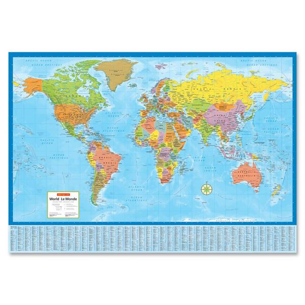 CCC Laminated Bilingual World Wall Map - 28" (711.20 mm) Width x 40" (1016 mm) Height