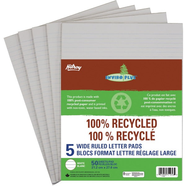 Hilroy 100% Recycled Wide Ruled Letter Pad - 50 Sheets - Glue - 0.31" (8 mm) Ruled - Ruled Margin - Letter - 8 1/2" (215.90 mm) x 11" (279.40 mm) Sheet Size - White Paper - Non-toxic - Recycled - 5 / Pack