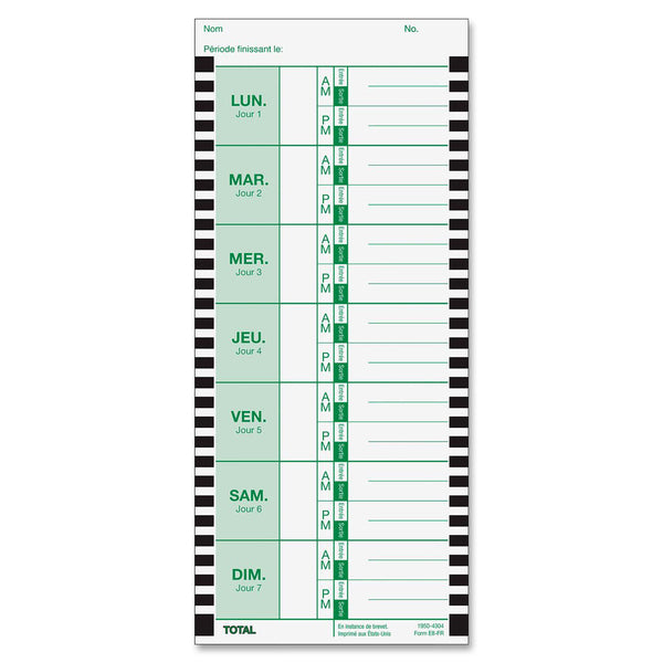 B. E8 Thermal Time Card - French - 3 3/4" (9.5 cm) x 8 1/2" (21.6 cm) Sheet Size - White - 100 / Pack