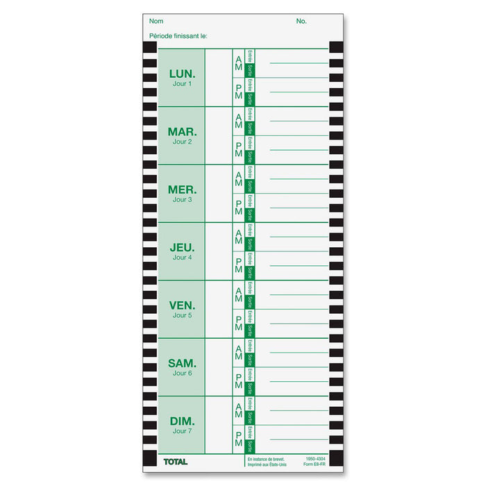 B. E8 Thermal Time Card - French - 3 3/4" (9.5 cm) x 8 1/2" (21.6 cm) Sheet Size - White - 100 / Pack