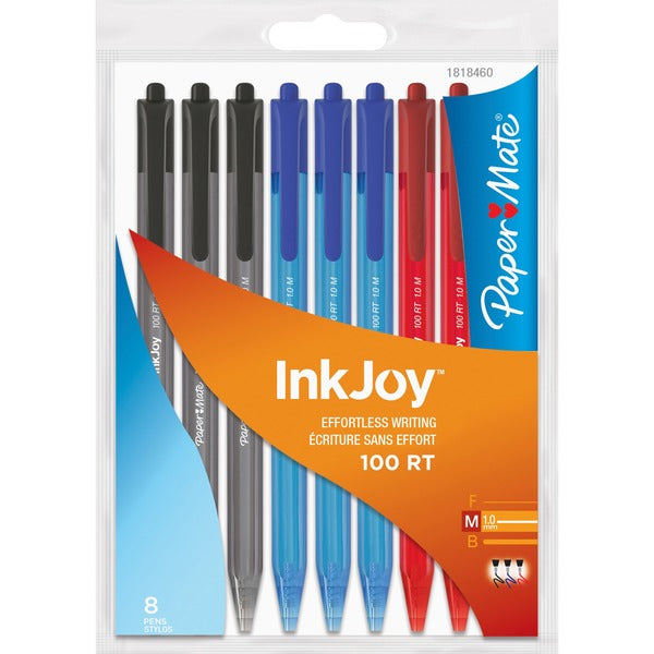 Paper Mate InkJoy 100 RT Ballpoint Pen - Medium Pen Point - Retractable - Assorted - Transparent Barrel - 8 / Pack