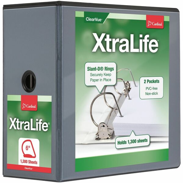 Cardinal Xtralife ClearVue Locking Slant-D Binders - 6" Binder Capacity - Letter - 8 1/2" x 11" Sheet Size - 1300 Sheet Capacity - 5 1/2" Spine Width - 3 x D-Ring Fastener(s) - 2 Inside Front & Back Pocket(s) - Polyolefin - Black - 1.02 kg - Recycled - No