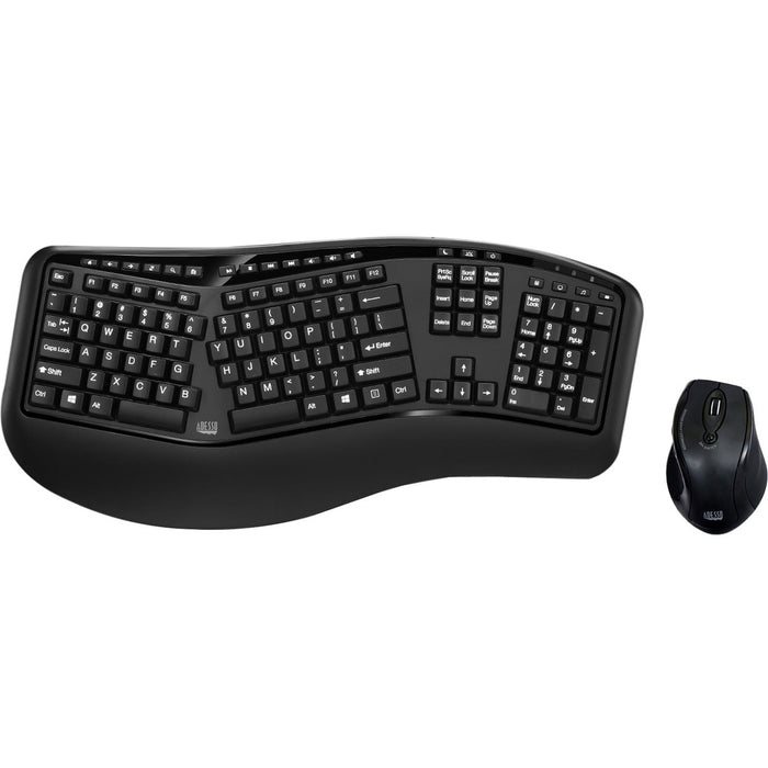 Adesso Wireless Ergonomic Keyboard and Laser Mouse - USB Membrane Wireless RF 2.40 GHz Keyboard - 105 Key - English (US) - Black - USB Wireless RF Mouse - Laser - 1600 dpi - Scroll Wheel - Black - Play/Pause, Previous Track, Next Track, Volume Up, Volume