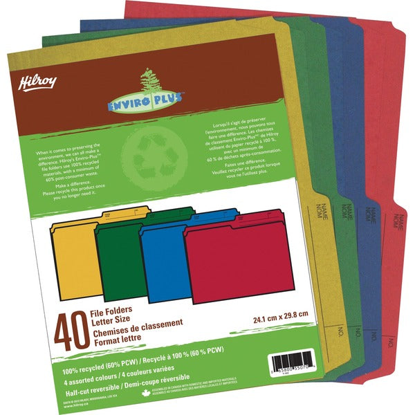 Hilroy Enviro Plus Letter Recycled Top Tab File Folder - 8 1/2" (215.90 mm) x 11" (279.40 mm) - Red, Blue, Green, Yellow - 60% Recycled - 40 / Pack
