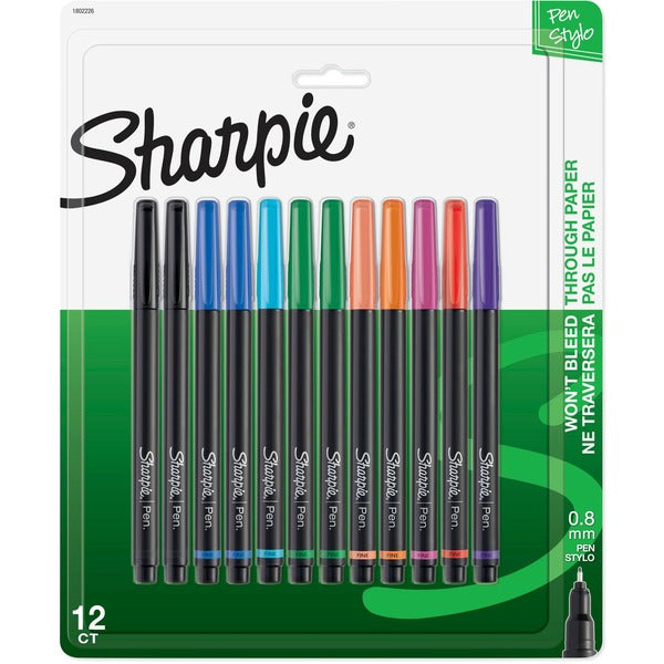 Sharpie Pen - Fine Point - Fine Pen Point - Black, Blue, Turquoise, Green, Clover, Orange, Hot Pink, Red, Purple, Coral Ink - Black Barrel - 12 / Pack
