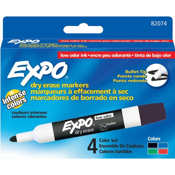Expo Low Odor Markers - Bullet Marker Point - Erasable - Black, Blue, Red, Green Ink - 4 / Set