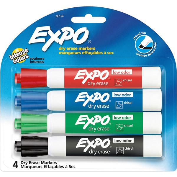 Expo Low Odor Markers - Chisel Marker Point - Erasable - Green, Red, Blue, Black Ink - 4 / Set