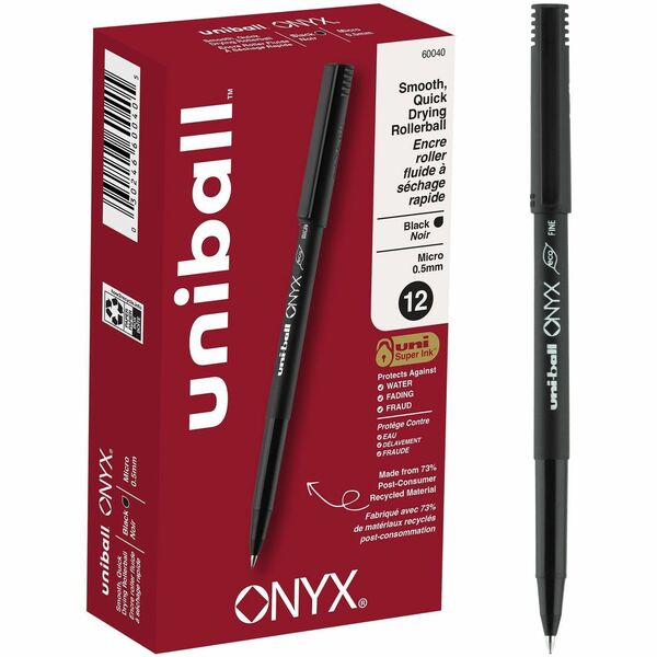 uniball&trade; Onyx Rollerball Pens - 0.5 mm (0.02") Micro Conical Pen Point - Black Ink - Dye-based - Matte Black Barrel - Metal Tip - 1 Dozen