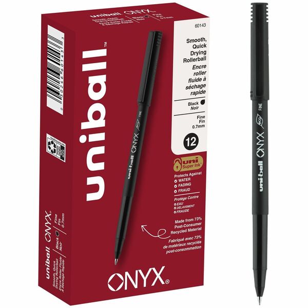 uniball&trade; Onyx Rollerball Pens - 0.7 mm (0.03") Fine Conical Pen Point - Black Ink - Dye-based - Matte Black Barrel - Metal Tip - 1 Dozen