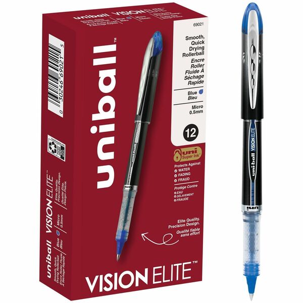 uniball&trade; Vision Elite Rollerball Pen - 0.5 mm (0.02") Micro Pen Point - Blue Ink - Pigment-based - 1 Each