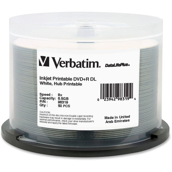 Verbatim DataLifePlus DVD Recordable Media - DVD+R DL - 8x - 8.50 GB - 50 / Pack - White - 120mm - Double-layer Layers - Printable - Inkjet Printable