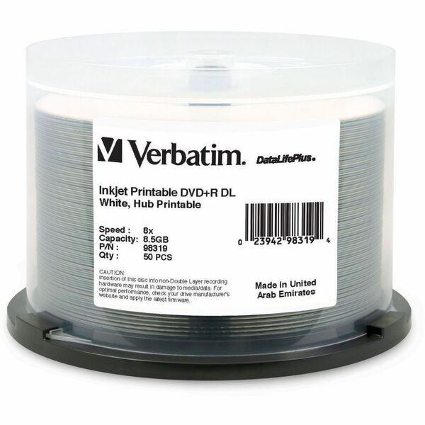 Verbatim DataLifePlus DVD Recordable Media - DVD+R DL - 8x - 8.50 GB - 50 / Pack - White - 120mm - Double-layer Layers - Printable - Inkjet Print Technology