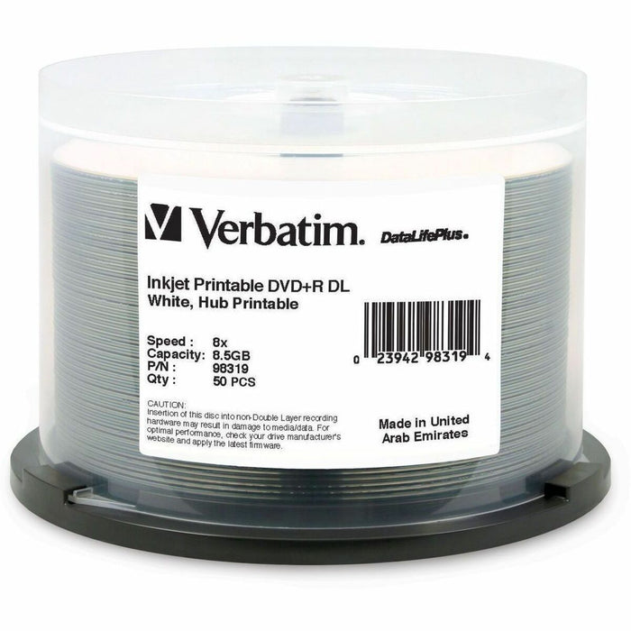 Verbatim DataLifePlus DVD Recordable Media - DVD+R DL - 8x - 8.50 GB - 50 / Pack - White - 120mm - Double-layer Layers - Printable - Inkjet Print Technology