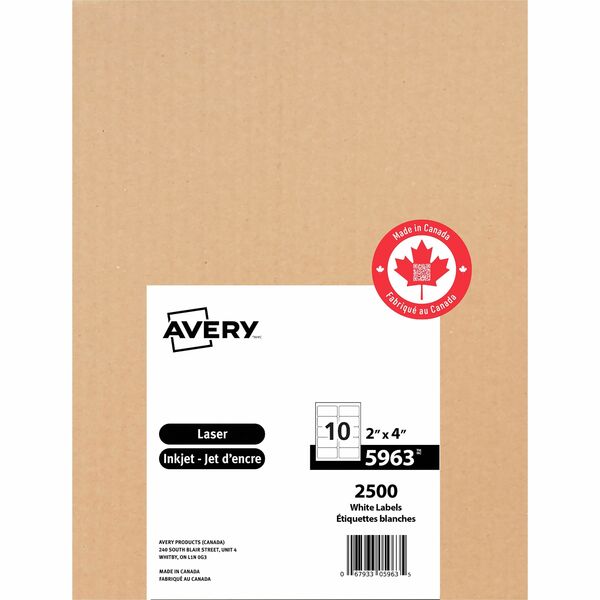 Avery&reg; White Rectangle Labels with Sure Feed™ TechnologyTrueBlock&reg; - 2" (50.80 mm) Height x 4" (101.60 mm) Width - Permanent Adhesive - Rectangle - Laser, Inkjet - Matte - White - Paper - 10 / Sheet - 250 Total Sheets - 2500 Total Label(s) -