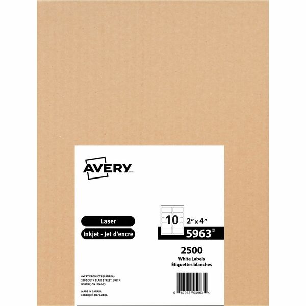 Avery&reg; White Rectangle Labels with Sure Feed&trade; Technology TrueBlock&reg;, 2" x 4" , for Laser and Inkjet Printers - 2" Height x 4" Width - Permanent Adhesive - Rectangle - Laser, Inkjet - White - Paper - 10 / Sheet - 250 Total Sheets - 2500 Total