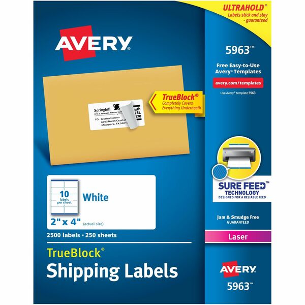 Avery&reg; White Rectangle Labels with Sure Feed&trade; TechnologyTrueBlock&reg;, 2" x 4" , for Laser and Inkjet Printers - 2" (50.80 mm) Height x 4" (101.60 mm) Width - Permanent Adhesive - Rectangle - Laser, Inkjet - Matte - White - Paper - Permanent Ad