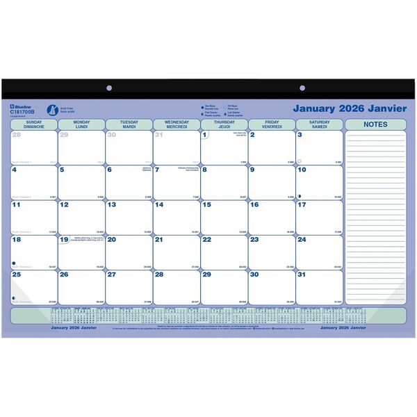 Blueline Monthly Desk Pad Calendar, 17-3/4" x 10-7/8" , Bilingual - Monthly - 12 Month - January 2026 to December 2026 - 1 Month Single Page Layout - 17 3/4" (450.85 mm) x 10 7/8" (276.22 mm) Sheet Size - 2 x Holes - Desk Pad - Wall Mount - Chipboard, Car