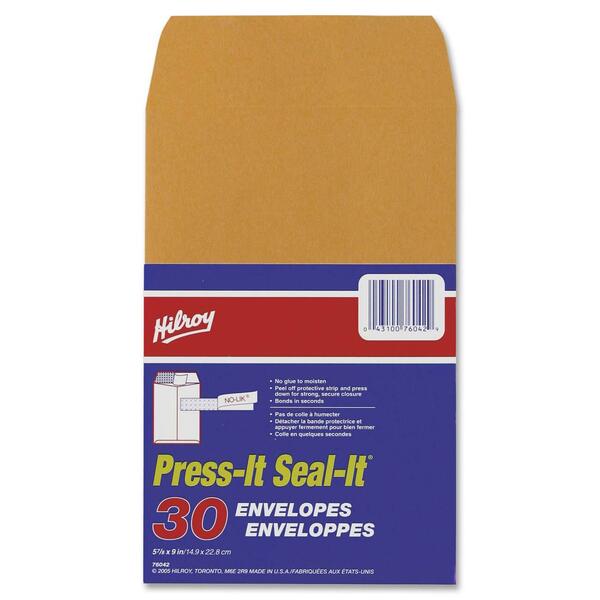Hilroy Press-It Seal-It Kraft Adhesive Envelopes - 5 7/8" (149.23 mm) Width x 9" (228.60 mm) Length - Peel & Seal - Kraft - 30 / Pack