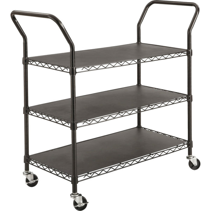 Safco 3-shelf Wire Utility Cart - 600 lb (272.16 kg) Load Capacity - 4 Casters - 3" (76.20 mm) Caster Size - Steel - 43.8" (1111.25 mm) Width x 19.3" (488.95 mm) Depth x 40.5" (1028.70 mm) Height - Steel Frame - Black - 1 Each