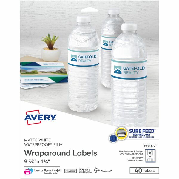 Avery&reg; Durable White Wraparound Labels 9¾" x 1¼" , Permanent Adhesive, for Laser and Inkjet Printers - Waterproof - 9 3/4" Width x 1 1/4" Length - Permanent Adhesive - Rectangle - Laser, Inkjet - Matte - White - Film - 5 / Sheet - 8 Total Sheets - 40