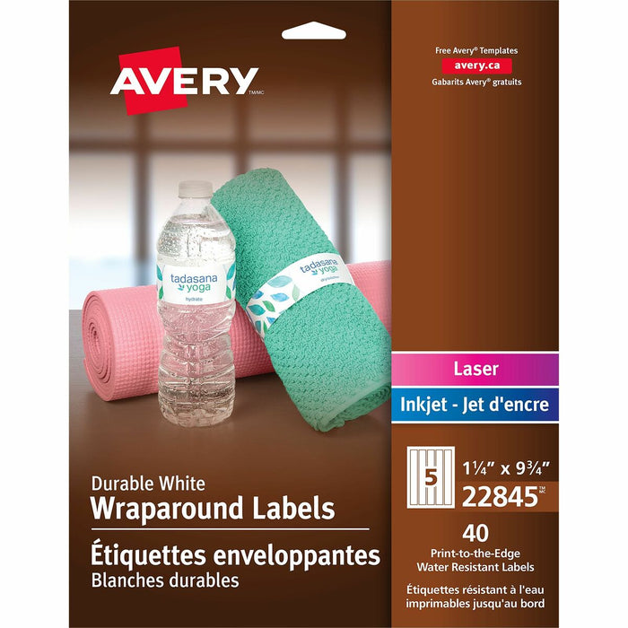 Durable White Wraparound Labels 9-3/4" x 1-1/4" , Permanent Adhesive, for Laser and Inkjet Printers - - HeightPermanent Adhesive - Laser, Inkjet - White - Film - Water Resistant - 5 / Sheet - 40 / Pack