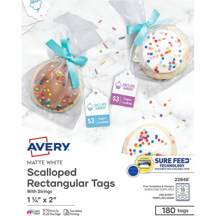 Avery&reg; Scalloped Tags with String , 2" x 1.25" , 180 Tags (22848) - 2" (50.80 mm) Length x 1.25" (31.75 mm) Width - Rectangular - String Fastener - Paper, Card Stock - Matte White - 180 / Pack