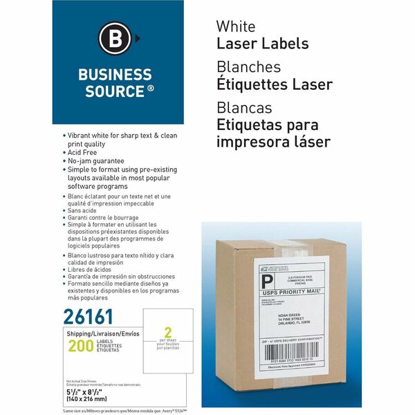 Business Source Shipping Labels - 5 1/2" (139.70 mm) Width x 8 1/2" (215.90 mm) Length - Permanent Adhesive - Rectangle - Laser, Inkjet - White - Lignin-free, Jam-free, Smudge Resistant - 2 / Sheet - 100 Total Sheets - 200 / Box