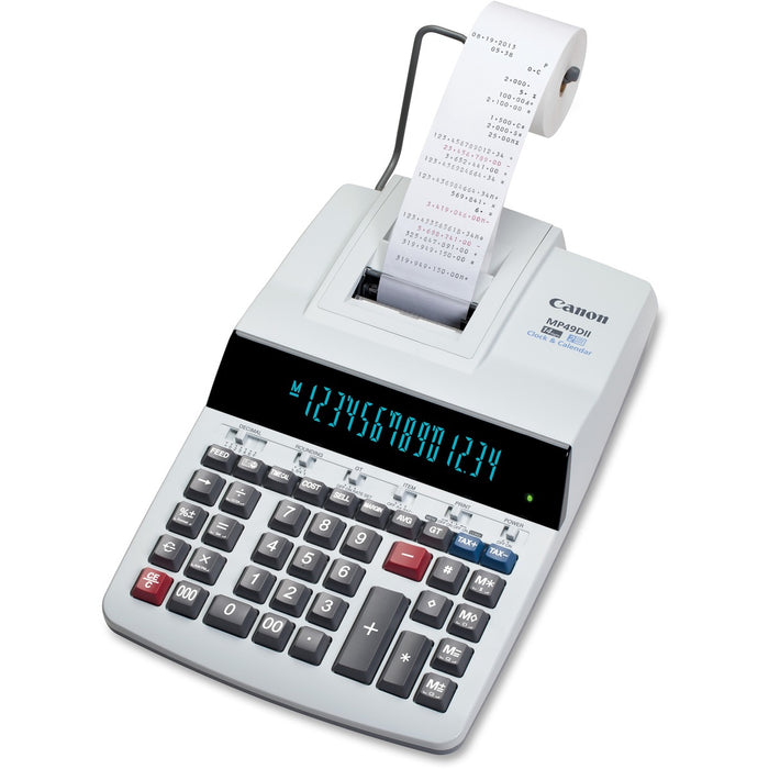 Canon MP49DII Desktop Printing Calculator - Dual Color Print - Dot Matrix - 4.8 lps - Heavy Duty, Extra Large Display, Auto Power Off, Clock, Calendar, Sign Change, Item Count - 14 Digits - Fluorescent - AC Supply Powered - 3.4" (86 mm) Height x 8.9" (227